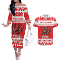 Personalized Wales Christmas Dragon Couples Matching Off The Shoulder Long Sleeve Dress and Hawaiian Shirt Nadolig Llawen Red Version - Wonder Print Shop