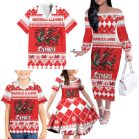 Personalized Wales Christmas Dragon Family Matching Off The Shoulder Long Sleeve Dress and Hawaiian Shirt Nadolig Llawen Red Version - Wonder Print Shop