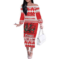 Personalized Wales Christmas Dragon Family Matching Off The Shoulder Long Sleeve Dress and Hawaiian Shirt Nadolig Llawen Red Version - Wonder Print Shop