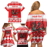 Personalized Wales Christmas Dragon Family Matching Off Shoulder Short Dress and Hawaiian Shirt Nadolig Llawen Red Version - Wonder Print Shop