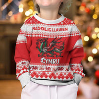 Personalized Wales Christmas Dragon Kid Ugly Christmas Sweater Nadolig Llawen Red Version - Wonder Print Shop