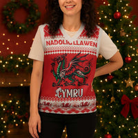 Personalized Wales Christmas Dragon Christmas Knitted V-Neck Vest Nadolig Llawen Red Version - Wonder Print Shop