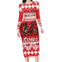 Personalized Wales Christmas Dragon Long Sleeve Bodycon Dress Nadolig Llawen Red Version - Wonder Print Shop