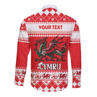 Personalized Wales Christmas Dragon Long Sleeve Button Shirt Nadolig Llawen Red Version - Wonder Print Shop