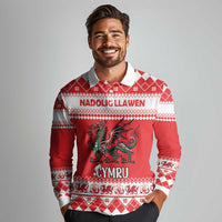 Personalized Wales Christmas Dragon Long Sleeve Polo Shirt Nadolig Llawen Red Version - Wonder Print Shop