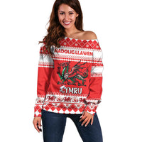 Personalized Wales Christmas Dragon Off Shoulder Sweater Nadolig Llawen Red Version - Wonder Print Shop