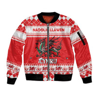 Personalized Wales Christmas Dragon Sleeve Zip Bomber Jacket Nadolig Llawen Red Version - Wonder Print Shop