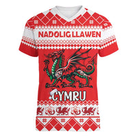 Personalized Wales Christmas Dragon Women V-Neck T-Shirt Nadolig Llawen Red Version - Wonder Print Shop