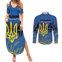 Personalized Holodomor Memorial Day Couples Matching Summer Maxi Dress and Long Sleeve Button Shirt Ukrainian Trident And Wheat Remembrance - Wonder Print Shop