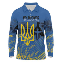 Personalized Holodomor Memorial Day Long Sleeve Polo Shirt Ukrainian Trident And Wheat Remembrance - Wonder Print Shop