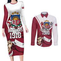 Personalized Latvia Independence Day Couples Matching Long Sleeve Bodycon Dress and Long Sleeve Button Shirt 18th November 1918 - Wonder Print Shop