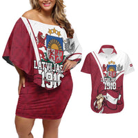 Personalized Latvia Independence Day Couples Matching Off Shoulder Short Dress and Hawaiian Shirt 18th November 1918 - Wonder Print Shop