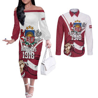 Personalized Latvia Independence Day Couples Matching Off The Shoulder Long Sleeve Dress and Long Sleeve Button Shirt 18th November 1918 - Wonder Print Shop