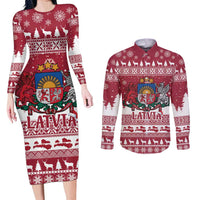 Latvia Christmas Couples Matching Long Sleeve Bodycon Dress and Long Sleeve Button Shirt Priecigus Ziemassvetkus - Wonder Print Shop