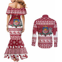 Latvia Christmas Couples Matching Mermaid Dress and Long Sleeve Button Shirt Priecigus Ziemassvetkus - Wonder Print Shop