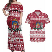 Latvia Christmas Couples Matching Off Shoulder Maxi Dress and Hawaiian Shirt Priecigus Ziemassvetkus - Wonder Print Shop