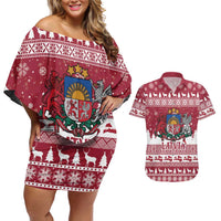 Latvia Christmas Couples Matching Off Shoulder Short Dress and Hawaiian Shirt Priecigus Ziemassvetkus - Wonder Print Shop