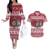 Latvia Christmas Couples Matching Off The Shoulder Long Sleeve Dress and Hawaiian Shirt Priecigus Ziemassvetkus - Wonder Print Shop