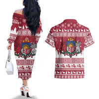 Latvia Christmas Couples Matching Off The Shoulder Long Sleeve Dress and Hawaiian Shirt Priecigus Ziemassvetkus - Wonder Print Shop
