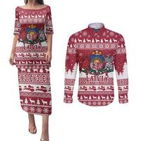 Latvia Christmas Couples Matching Puletasi and Long Sleeve Button Shirt Priecigus Ziemassvetkus - Wonder Print Shop