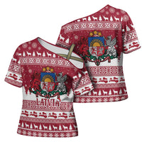 Latvia Christmas Cross Shoulder Shirt Priecigus Ziemassvetkus - Wonder Print Shop