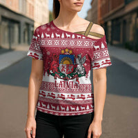 Latvia Christmas Cross Shoulder Shirt Priecigus Ziemassvetkus - Wonder Print Shop