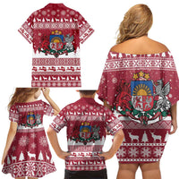 Latvia Christmas Family Matching Off Shoulder Short Dress and Hawaiian Shirt Priecigus Ziemassvetkus - Wonder Print Shop