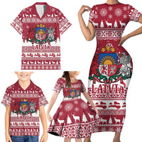 Latvia Christmas Family Matching Short Sleeve Bodycon Dress and Hawaiian Shirt Priecigus Ziemassvetkus - Wonder Print Shop