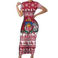 Latvia Christmas Short Sleeve Bodycon Dress Priecigus Ziemassvetkus - Wonder Print Shop