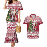 Latvia Christmas Couples Matching Mermaid Dress and Hawaiian Shirt Ziemassvetku Vecitis Christmas Pattern - Wonder Print Shop
