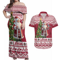 Latvia Christmas Couples Matching Off Shoulder Maxi Dress and Hawaiian Shirt Ziemassvetku Vecitis Christmas Pattern - Wonder Print Shop