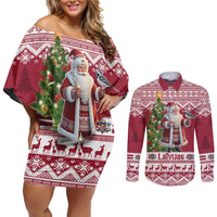 Latvia Christmas Couples Matching Off Shoulder Short Dress and Long Sleeve Button Shirt Ziemassvetku Vecitis Christmas Pattern - Wonder Print Shop