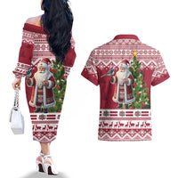 Latvia Christmas Couples Matching Off The Shoulder Long Sleeve Dress and Hawaiian Shirt Ziemassvetku Vecitis Christmas Pattern - Wonder Print Shop