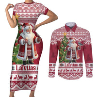 Latvia Christmas Couples Matching Short Sleeve Bodycon Dress and Long Sleeve Button Shirt Ziemassvetku Vecitis Christmas Pattern - Wonder Print Shop