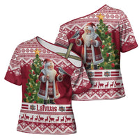 Latvia Christmas Cross Shoulder Shirt Ziemassvetku Vecitis Christmas Pattern - Wonder Print Shop