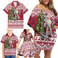 Latvia Christmas Family Matching Off Shoulder Short Dress and Hawaiian Shirt Ziemassvetku Vecitis Christmas Pattern - Wonder Print Shop