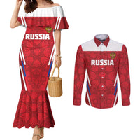 Custom Russia Football Couples Matching Mermaid Dress and Long Sleeve Button Shirt Red Eagle Spirit - Wonder Print Shop