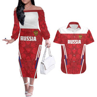 Custom Russia Football Couples Matching Off The Shoulder Long Sleeve Dress and Hawaiian Shirt Red Eagle Spirit - Wonder Print Shop
