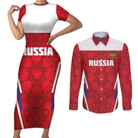 Custom Russia Football Couples Matching Short Sleeve Bodycon Dress and Long Sleeve Button Shirt Red Eagle Spirit - Wonder Print Shop