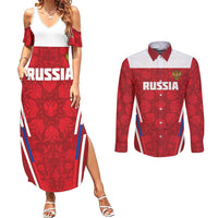 Custom Russia Football Couples Matching Summer Maxi Dress and Long Sleeve Button Shirt Red Eagle Spirit - Wonder Print Shop
