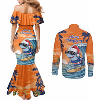 Cape Verde Christmas Couples Matching Mermaid Dress and Long Sleeve Button Shirt Shark Surfing Holiday Beach Style - Wonder Print Shop