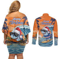 Cape Verde Christmas Couples Matching Off Shoulder Short Dress and Long Sleeve Button Shirt Shark Surfing Holiday Beach Style - Wonder Print Shop