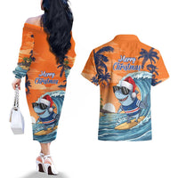 Cape Verde Christmas Couples Matching Off The Shoulder Long Sleeve Dress and Hawaiian Shirt Shark Surfing Holiday Beach Style - Wonder Print Shop
