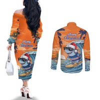 Cape Verde Christmas Couples Matching Off The Shoulder Long Sleeve Dress and Long Sleeve Button Shirt Shark Surfing Holiday Beach Style - Wonder Print Shop