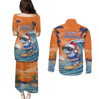 Cape Verde Christmas Couples Matching Puletasi and Long Sleeve Button Shirt Shark Surfing Holiday Beach Style - Wonder Print Shop