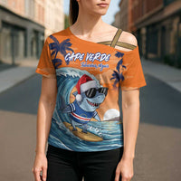 Cape Verde Christmas Cross Shoulder Shirt Shark Surfing Holiday Beach Style - Wonder Print Shop