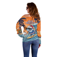 Cape Verde Christmas Off Shoulder Sweater Shark Surfing Holiday Beach Style - Wonder Print Shop