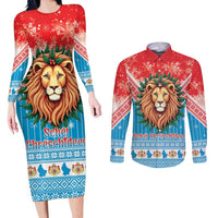 Luxembourg Christmas Couples Matching Long Sleeve Bodycon Dress and Long Sleeve Button Shirt Schei Chreschtdeeg Xmas Pattern - Wonder Print Shop