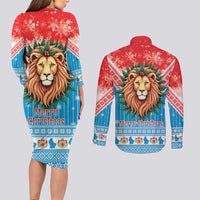 Luxembourg Christmas Couples Matching Long Sleeve Bodycon Dress and Long Sleeve Button Shirt Schei Chreschtdeeg Xmas Pattern - Wonder Print Shop