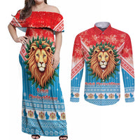 Luxembourg Christmas Couples Matching Off Shoulder Maxi Dress and Long Sleeve Button Shirt Schei Chreschtdeeg Xmas Pattern - Wonder Print Shop
